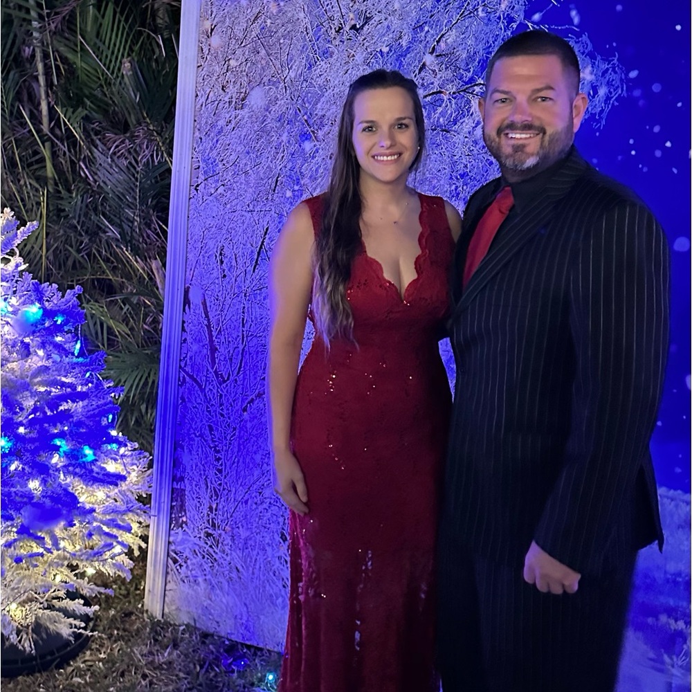 Formal Scallop Full Length Ruby Red Key Hole Dress - image 1